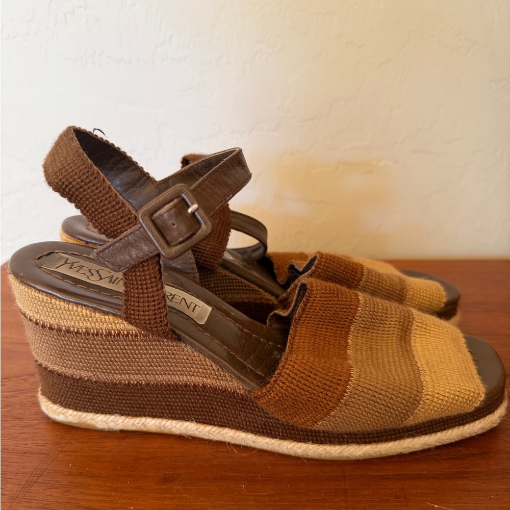Yves Saint Laurent Brown and Tan Striped Knit Espadrille Sandals - Picture 2 of 5
